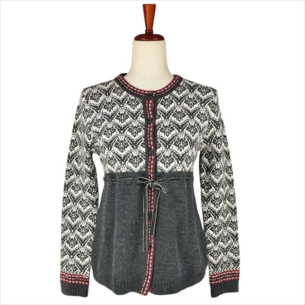 NORTHSTYLE Wool-Blend Nordic Cardigan with Velvet Belt Tie Gray/White/Red Size S